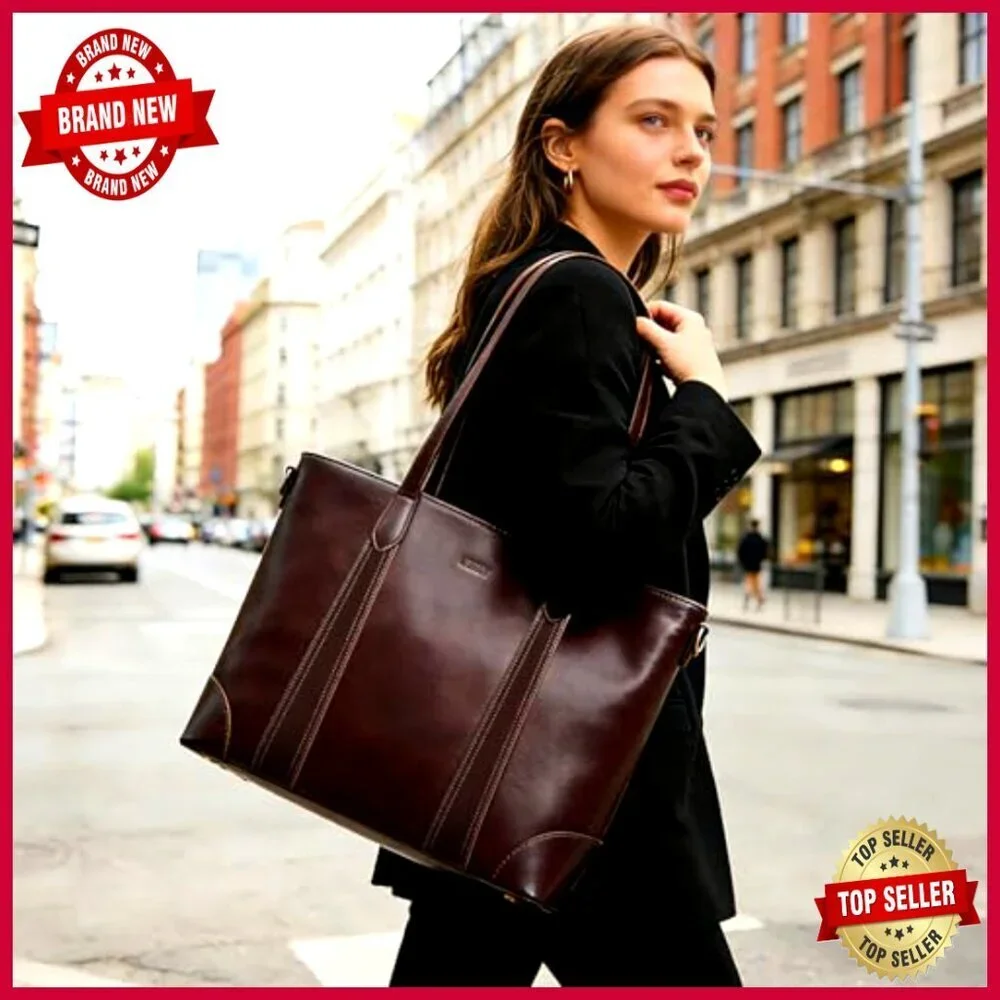 Large Leather Tote Bag with Multiple Pockets, Adjustable Strap, Vintage Style